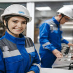 Confident female engineer smiling in an industrial control room