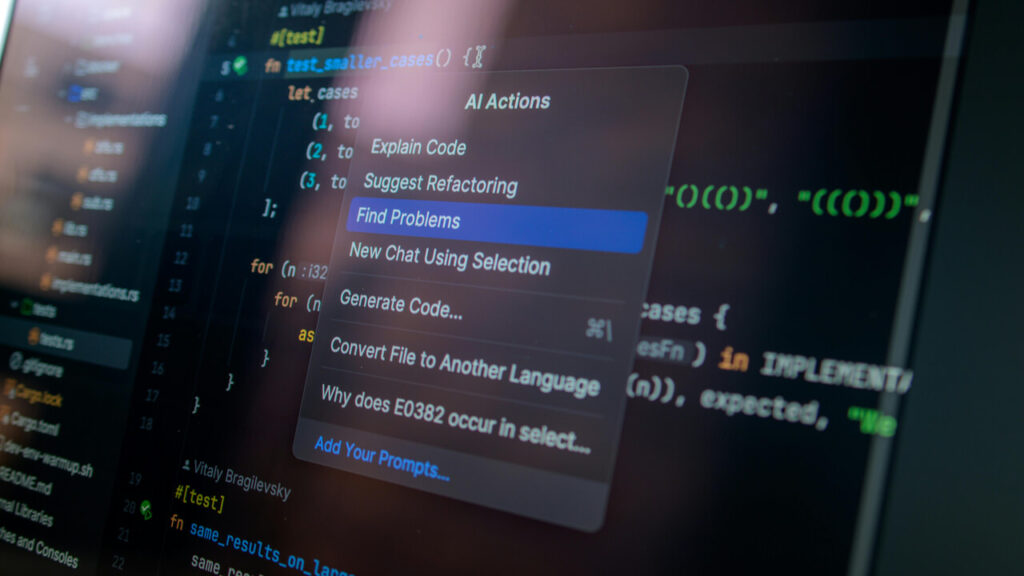 Detailed view of a computer screen displaying code with a menu of AI actions, illustrating modern software development