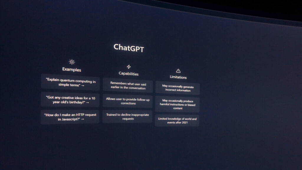 Screen displaying ChatGPT examples, capabilities, and limitations