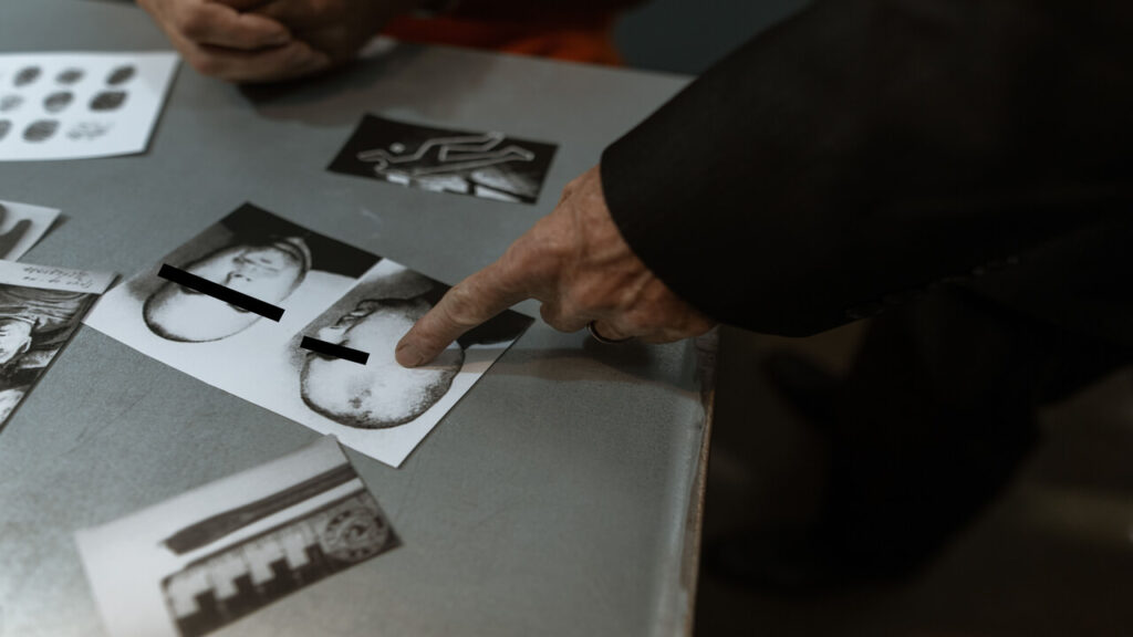 Detective reviewing crime scene photos and fingerprints indoors