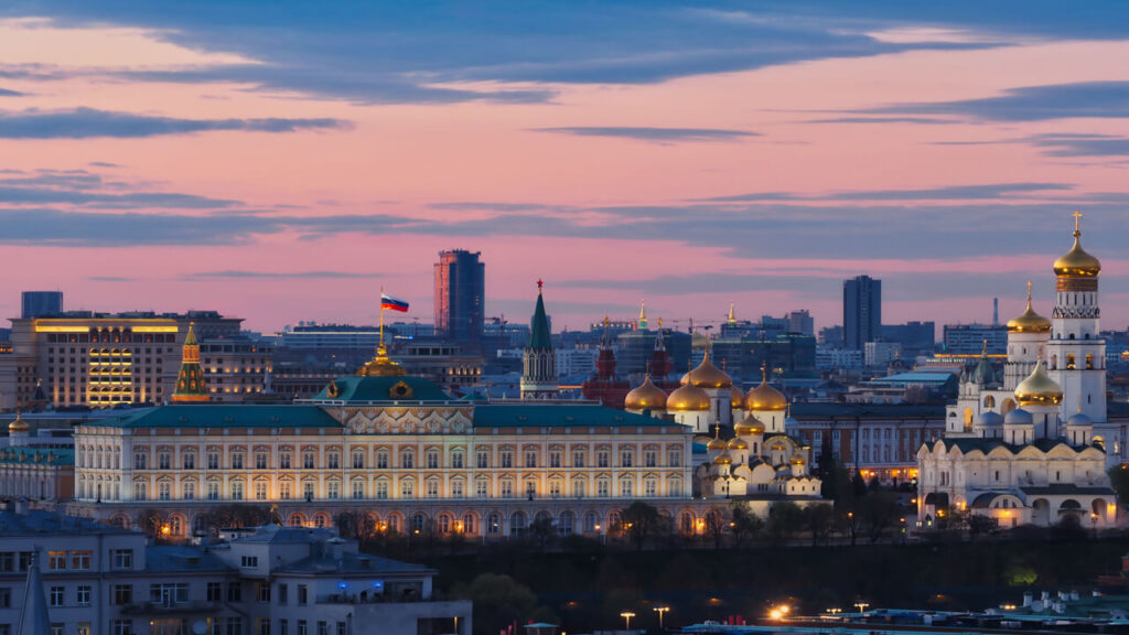 Beautiful Moscow cityscape with Kremlin and cathedrals at sunset